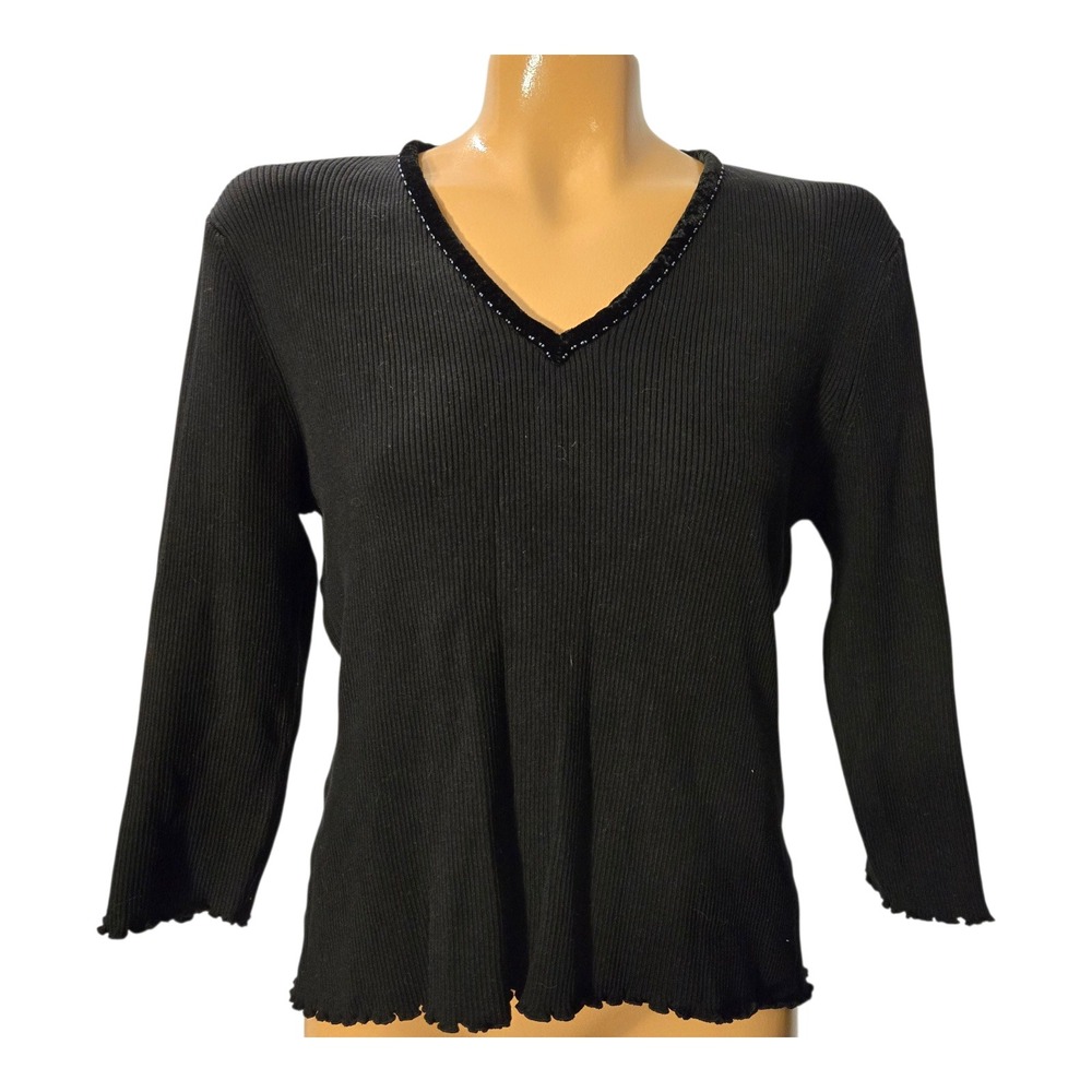 August Silk 70% Silk Ribbed Stretch Velvet Bead Trimmed VNeck Pullover XL Black